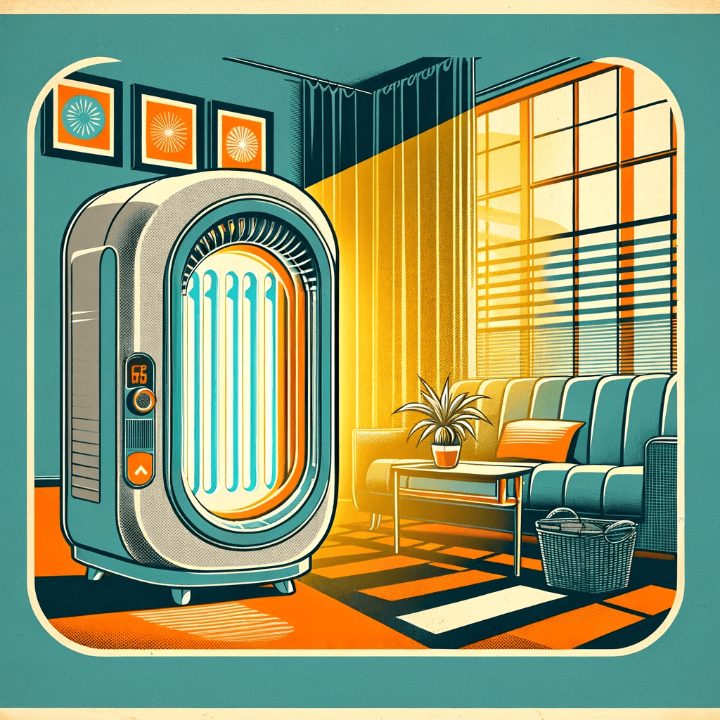 Design-an-image-in-a-contemporary-retro-style-of-the-1950s-using-limited-colors-depicting-a-UV-light-air-purifiers-in-a-domestic-setting