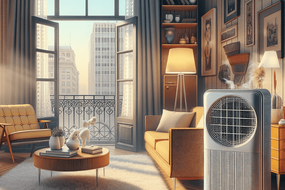 A-contemporary-retro-style-image-of-a-1950s-living-room-with-an-air-purifier-and-open-windows-showcasing-a-balance-between-technology-and-natural-ven