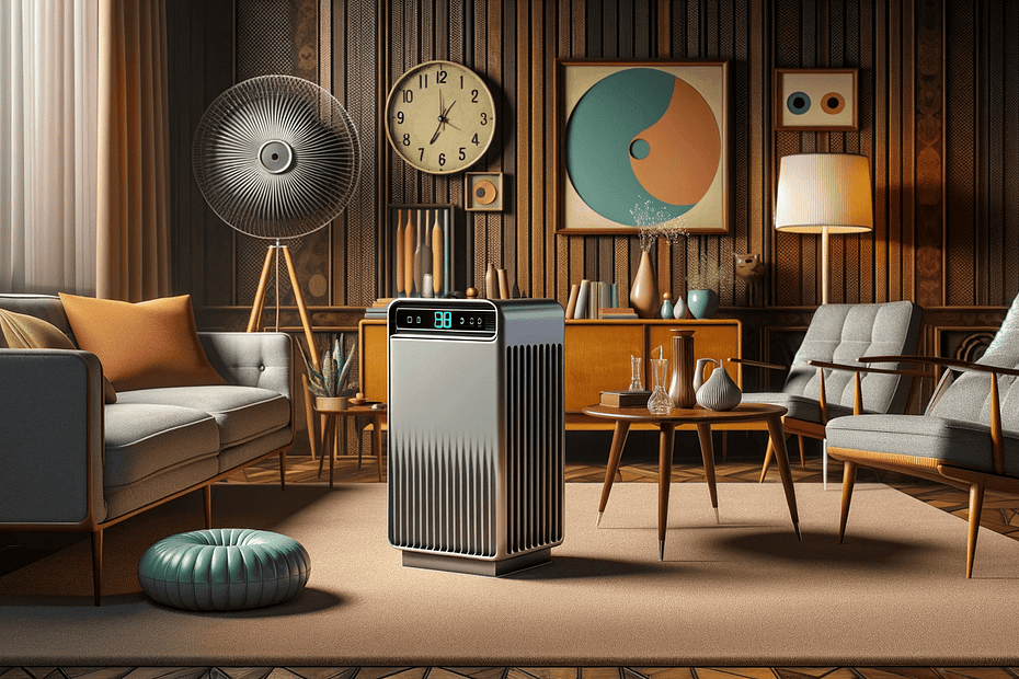 A-contemporary-retro-style-1950s-living-room-with-a-modern-air-purifier-The-room-features-classic-mid-century-modern-furniture