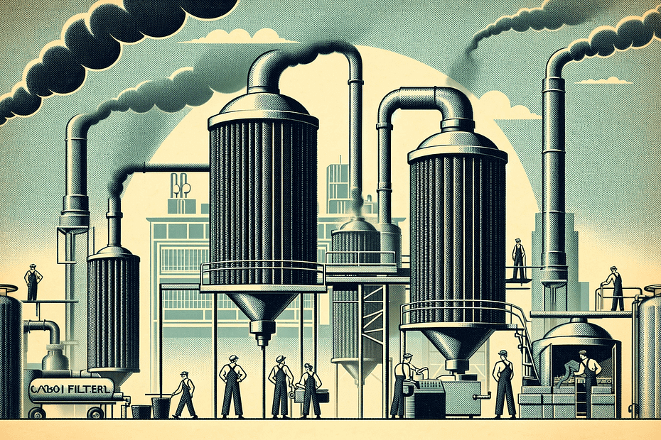 A-1950s-retro-style-illustration-showcasing-an-industrial-setting-with-large-carbon-filters-The-scene-is-designed-with-minimal-colors-and-features