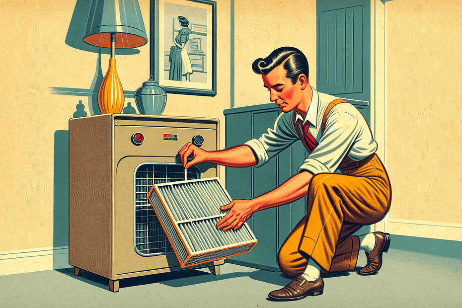 -1950s-retro-style-illustration-of-a-person-replacing-a-pre-filter-in-a-home-HVAC-system-The-setting-is-a-vintage-style-home-interior