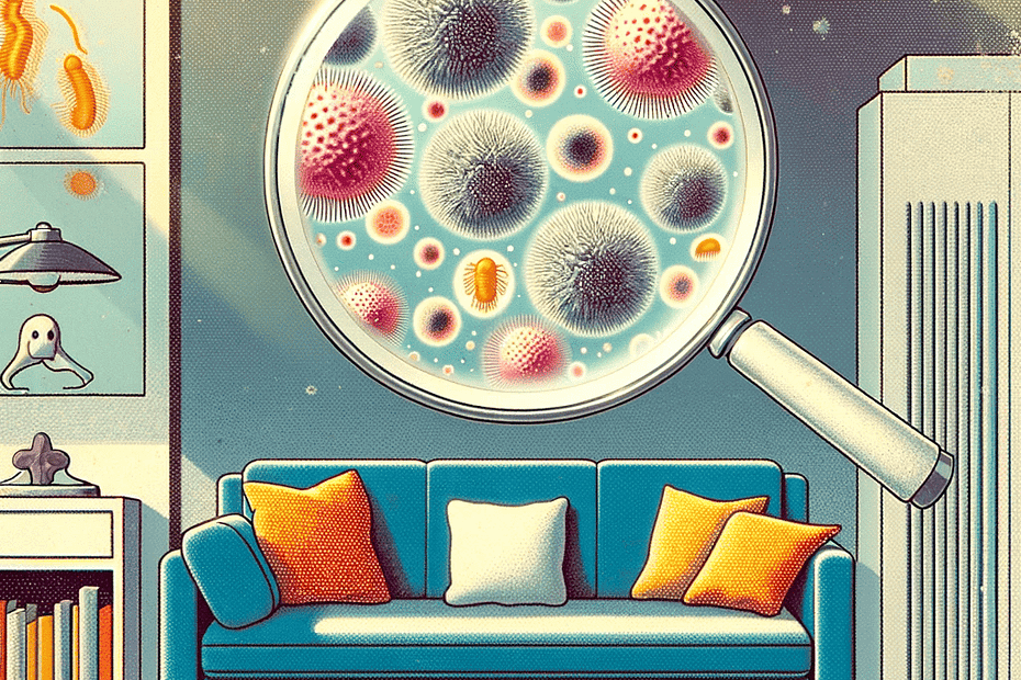 An-illustration-showing-a-magnified-view-of-dust-particles-including-skin-cells-and-dust-mites-in-a-mid-century-modern-setting