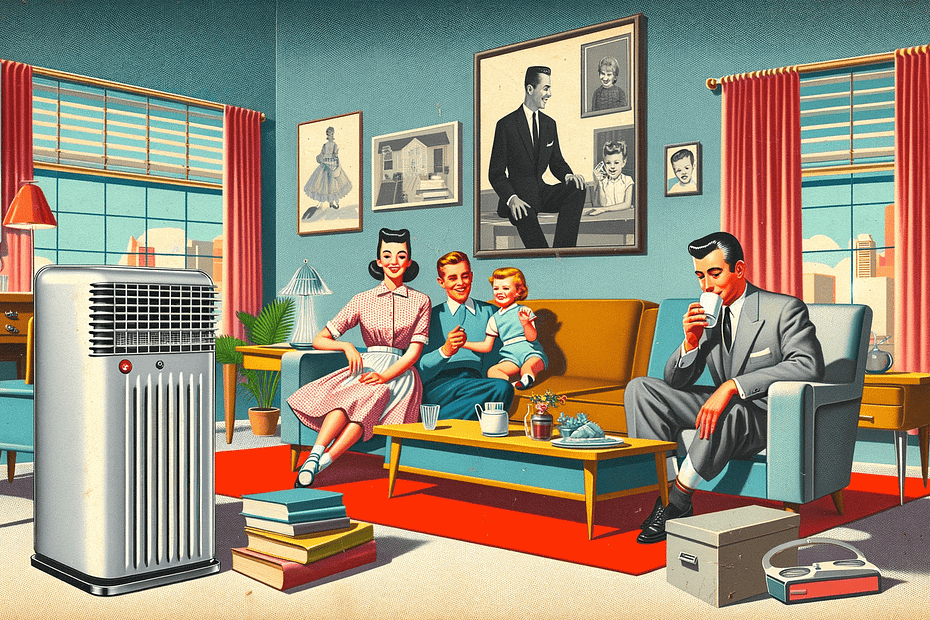 A-contemporary-retro-style-image-depicting-a-family-enjoying-improved-health-benefits-in-a-living-room-with-an-air-purifier-set-in-a-1950s-art-enviroment