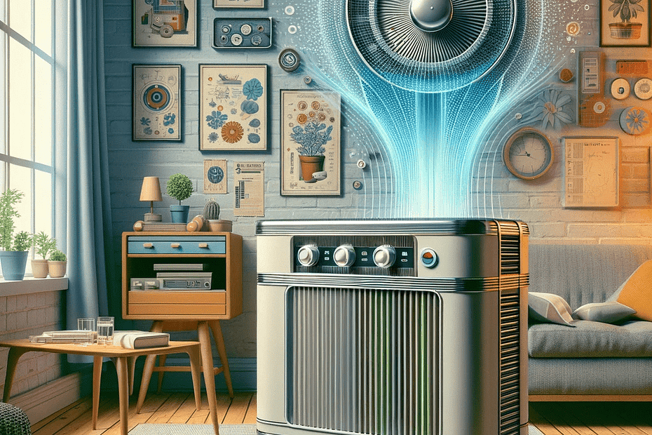 Create-an-image-in-a-contemporary-retro-style-setting-of-the-1950s-using-less-colors-showcasing-an-electrostatic-air-purifier-in-a-home-environment