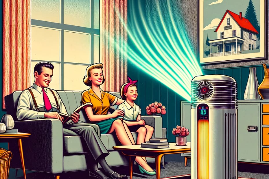 A-contemporary-retro-style-illustration-depicting-a-family-in-a-1950s-living-room-enjoying-cleaner-air-with-a-modern-air-purifier-equipped-with-UV-C