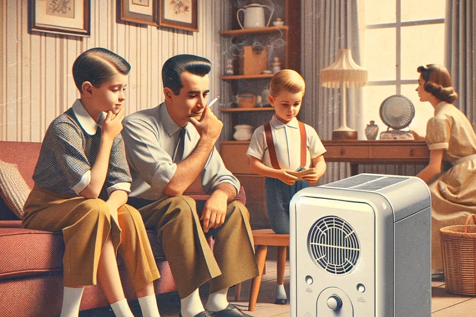 Create-a-contemporary-retro-style-image-in-the-settings-of-the-1950s-with-less-colors-depicting-a-family-in-their-living-room-looking-at-a-portable air purifier