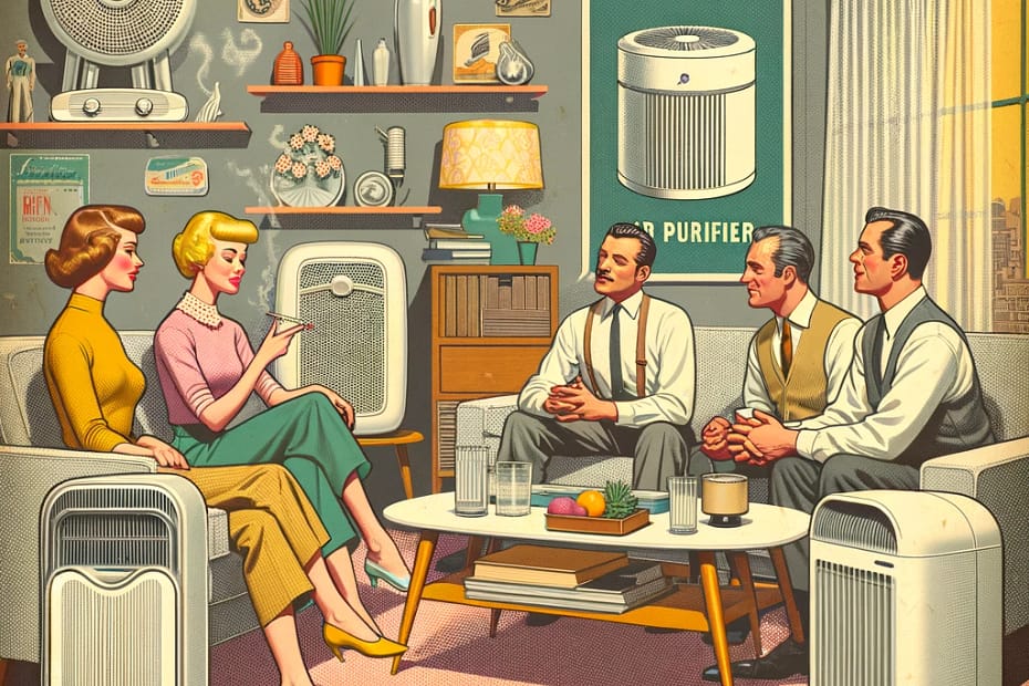 Create-an-image-in-a-1950s-contemporary-retro-style-illustrating-a-group-of-friends-discussing-the-features-of-different-air-purifiers